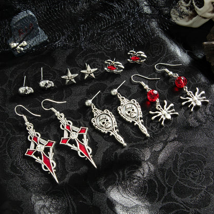 Halloween Crystal Skull Spider Drop Earrings - Gothic Red Crystal Cross and Rose Metal Earrings for Women