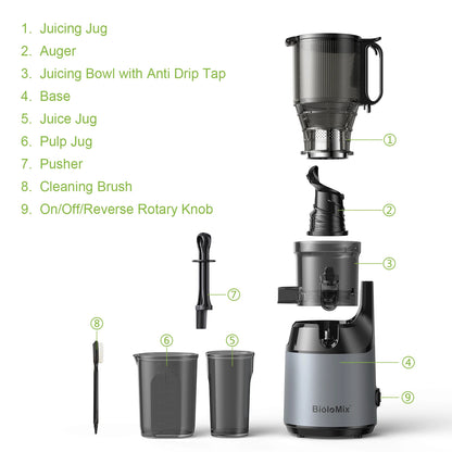 BioloMix Cold Press Juicer — 130mm Feed Chute, Whole Fruit & Veg, High Yield BPA-Free Slow Masticating Juicer