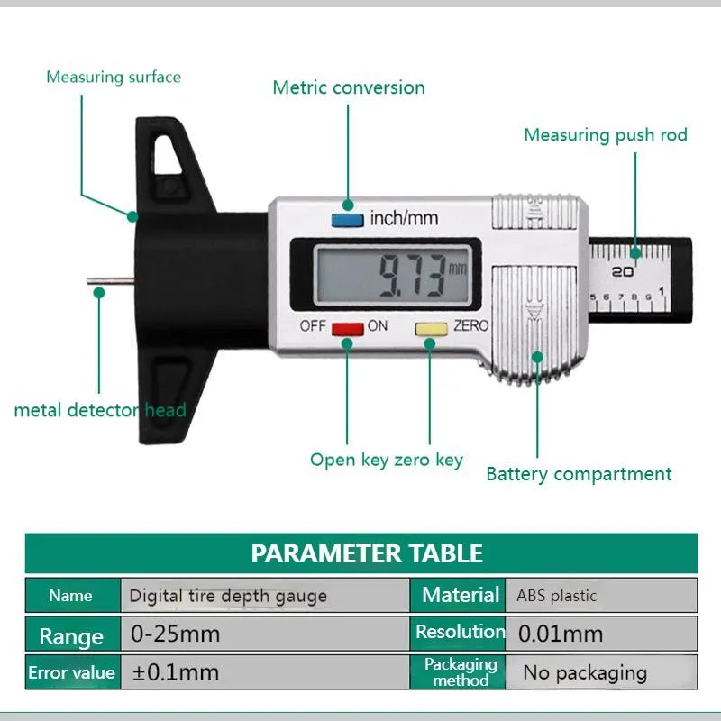 Digital Tread Depth Gauge for Car Tyre | 0-25.4mm Tire Tread Depth Meter | Auto Tire Wear Detection Measuring Tool