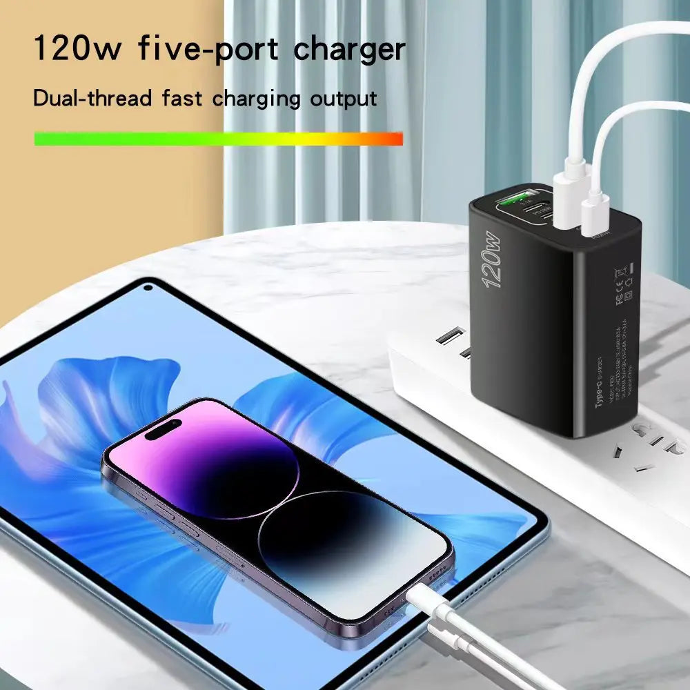 PD 5-Port USB Charger with Fast Charging – QC3.0 and USB-C, Quick Charge for iPhone, Huawei, Samsung, Xiaomi and iPad