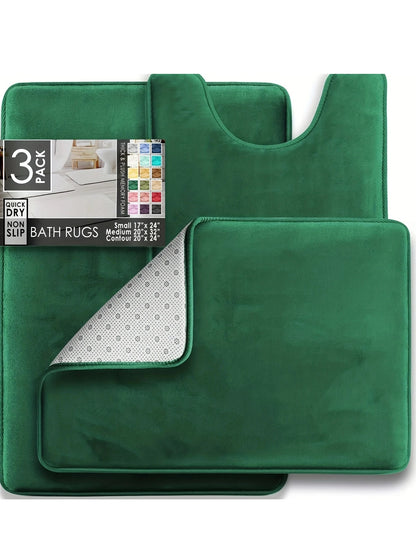 3PC Velvet Memory Foam Bathroom Rug Set - Ultra Soft, Non-Slip, Quick-Dry Machine Washable Bath Mats