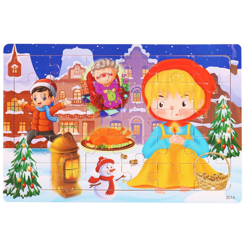 30PCS Wooden Jigsaw Puzzle – Cartoon Animal & Vehicle Educational Toys for Kids