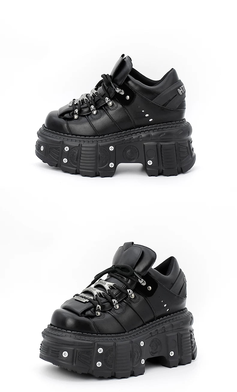 New Punk Style Lace-up Women’s Platform Boots with 6CM Heel, Gothic Rock Ankle Boots, Metal Decor Sneakers