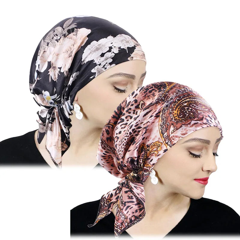 Women’s Satin Pre-Tied Turban – Paisley Pattern Muslim Headband & Chemo Hair Scarf Head Wrap Bandana