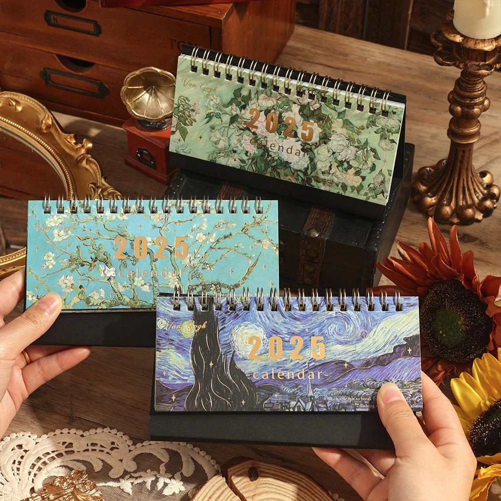 2025 Vintage Painting Desk Calendar – Flip Monthly Schedule with Memo Notes | Tabletop Calendar for Home & Office
