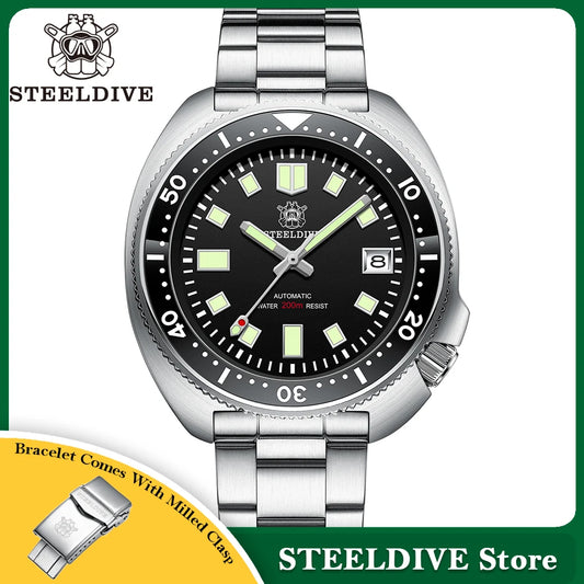 Steeldive SD1970 Men’s Automatic Dive Watch — 200M Waterproof, White Date Background, AR Coating Sapphire Glass, NH35 Black Dial Turtle Design