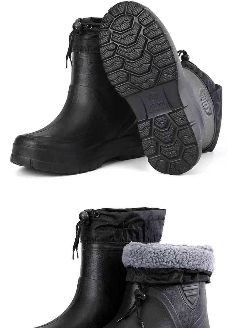 Winter Windproof Cotton Rain Boots for Men, Warm Waterproof Ankle Rain Shoes, Slip-On Fashion Work Boots, 2024