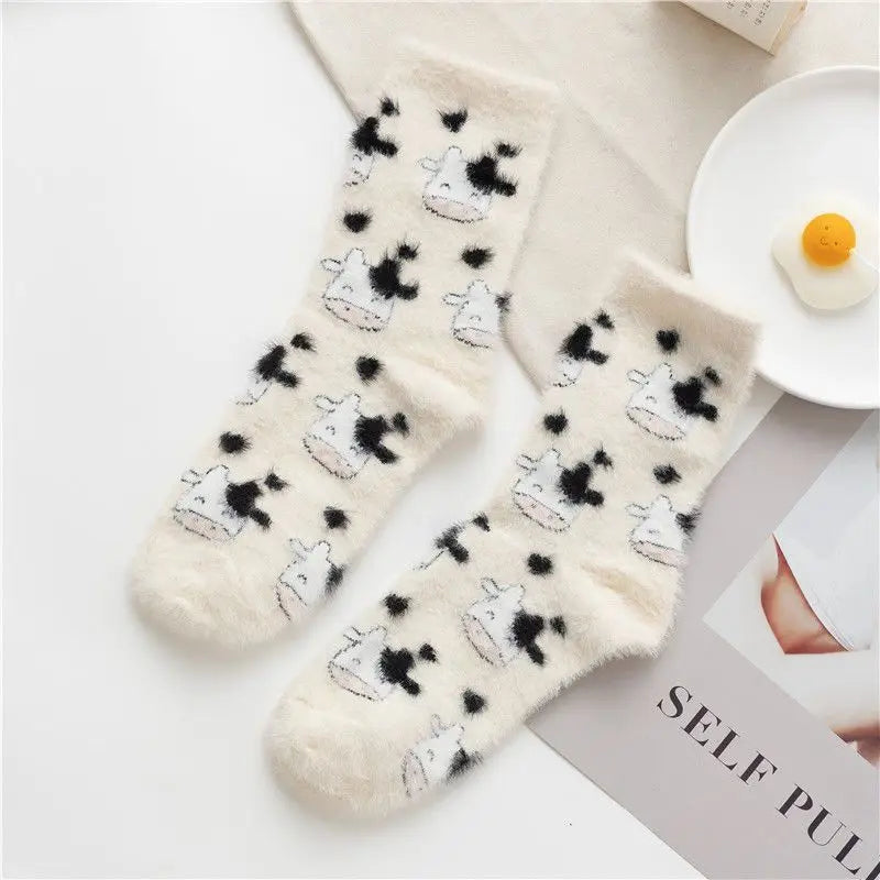 Cartoon Cow Mink Velvet Socks — Cute Cloud Plush Medium Tube Winter Socks for Women, Soft Indoor Stockings