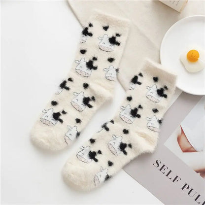 Cartoon Cow Mink Velvet Socks — Cute Cloud Plush Medium Tube Winter Socks for Women, Soft Indoor Stockings