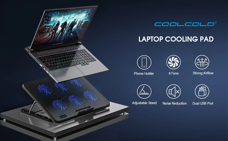 Coolcold Laptop Cooling Pad 15.6-17.3" — 6 Quiet Fans, 7 Adjustable Heights, Wind Speed Control with Mobile Phone Holder