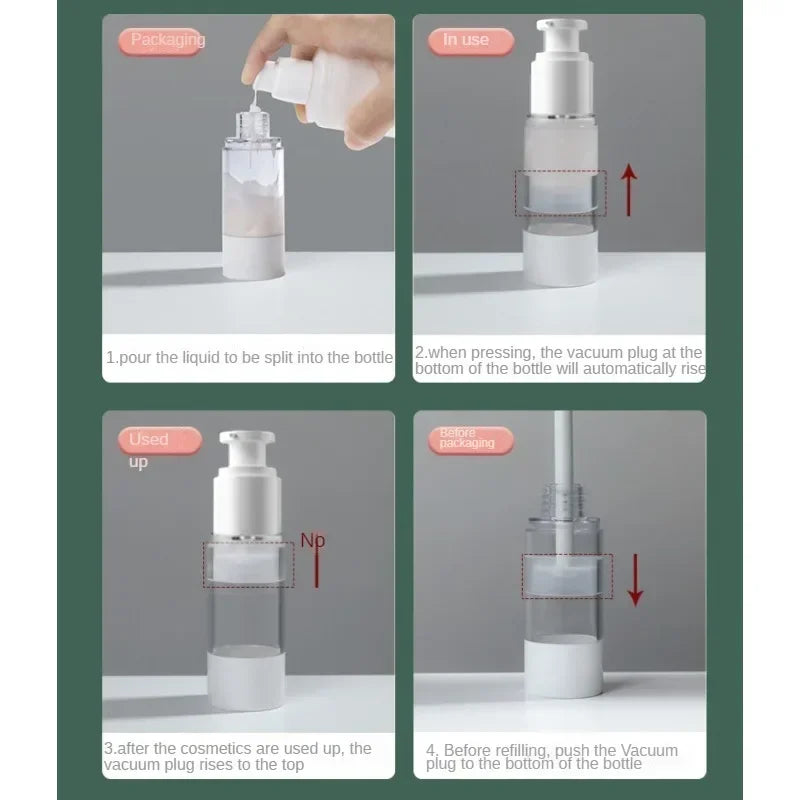 Clear Airless Cosmetic Pump Bottle Set: Travel Size Dispenser for Cream, Gel, Lotion - Makeup Container in 15ml, 30ml, 50ml