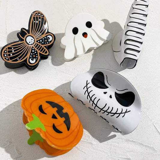 AENSOA Halloween Hairpin | Pumpkin, Skull, Butterfly & Ghost Acrylic Shark Clip for Women