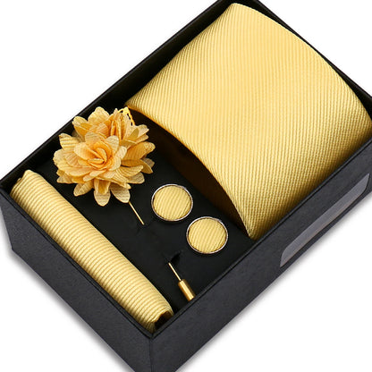Men's Solid Color Tie Set - Jacquard Necktie, Hanky, Cufflinks & Brooch Gift Box for Weddings