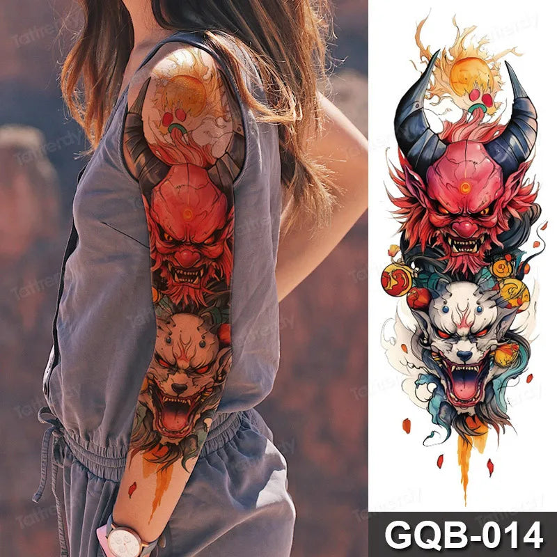 Full Arm Dragon Skull Tattoo Sleeve - Waterproof Temporary Body Art Sticker with Clock Compass Flower Design for Men & Women