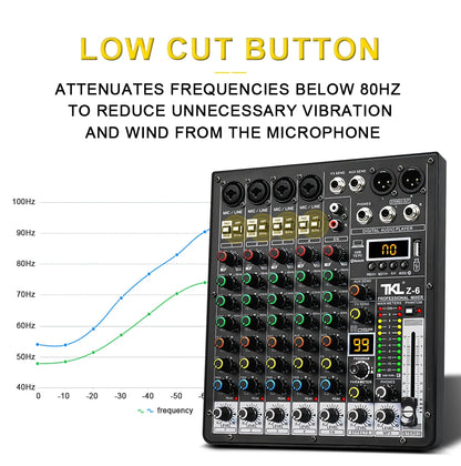 TKLBLS Professional 6 Channel Audio Mixer – 99 DSP Effects, 48V Phantom Power, USB, Bluetooth DJ Console for Studio & Karaoke