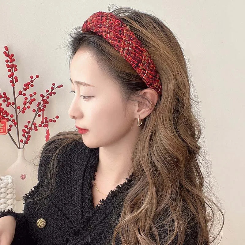 Vintage Red Woolen Velvet Headband – Women's Side Sponge Hair Hoop for Christmas & Fashion Accessories