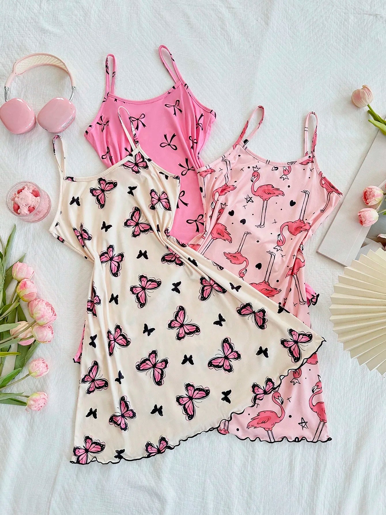 3-Piece Women's Camisole Nightgown Set – Cute Butterfly, Bow & Flamingo Print Sleepwear