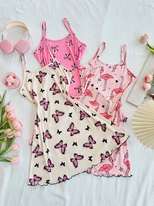 3-Piece Women's Camisole Nightgown Set – Cute Butterfly, Bow & Flamingo Print Sleepwear