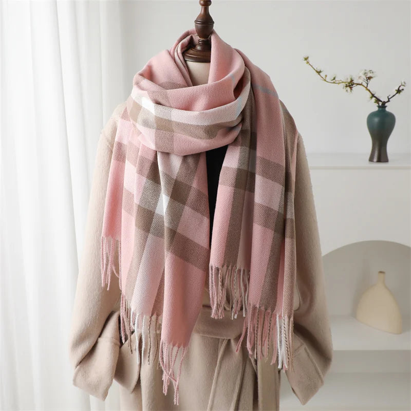 Luxury Brand Winter Plaid Cashmere-Like Blanket Scarf - Thick Warm Pashmina Shawl Wrap with Tassels, Poncho Stoles Echarpe