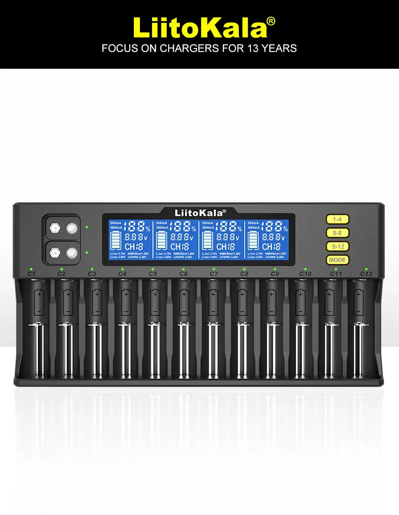 LiitoKala Lii-S12/Lii-S8 Battery Charger – LCD 18650, 21700, 26650, 26700, 20700, 18350, 9V IMR, NiMH/Cd, AA & AAA Rechargeable Batteries