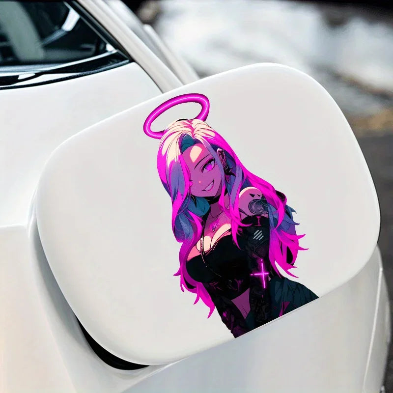 Neon Pink Cyberpunk Angel Sticker - Waterproof Vinyl Decal for Cars, Motorcycle Fuel Tanks, and Laptops