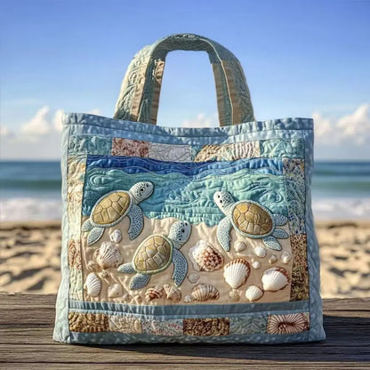 Turtle Print Quilted Tote Bag - Large Capacity Soft Canvas Shoulder Bag with 3D Ocean Turtle Design