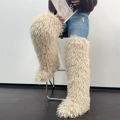 Women’s Faux Mongolian Fur Thigh High Boots - Winter Warm Plush Lined Fashion Boots for Cold Weather