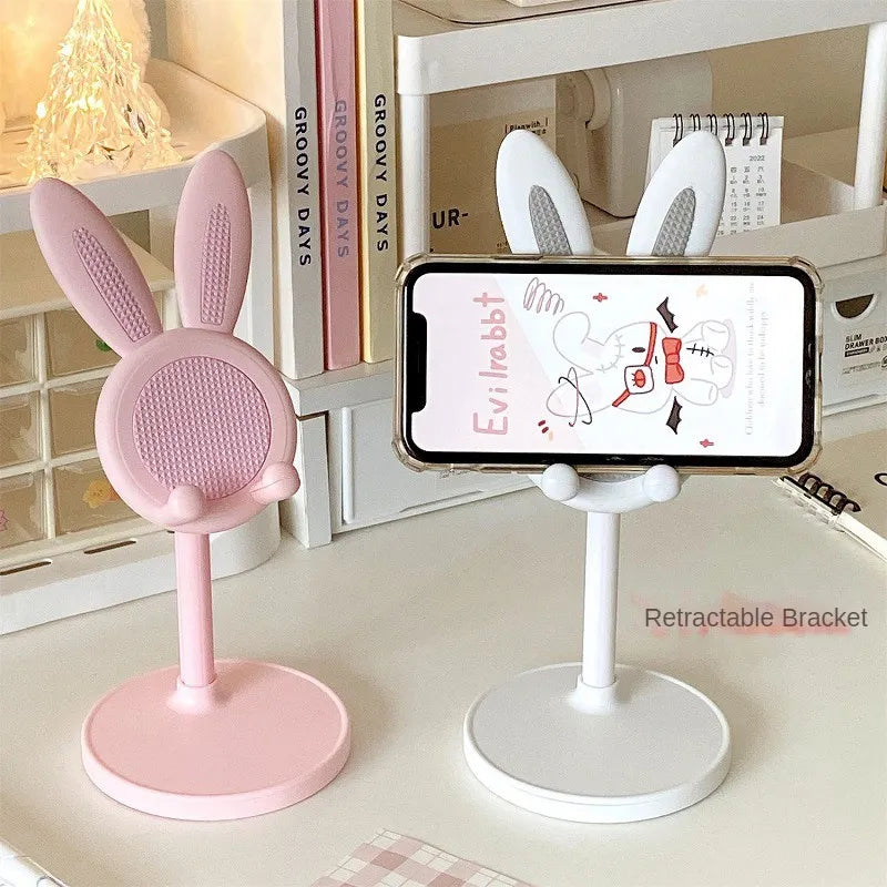 Pink Desktop Cell Phone Stand - Adjustable Lovely Rabbit Cartoon Table Support for iPhone 13, 14, Samsung Smartphone