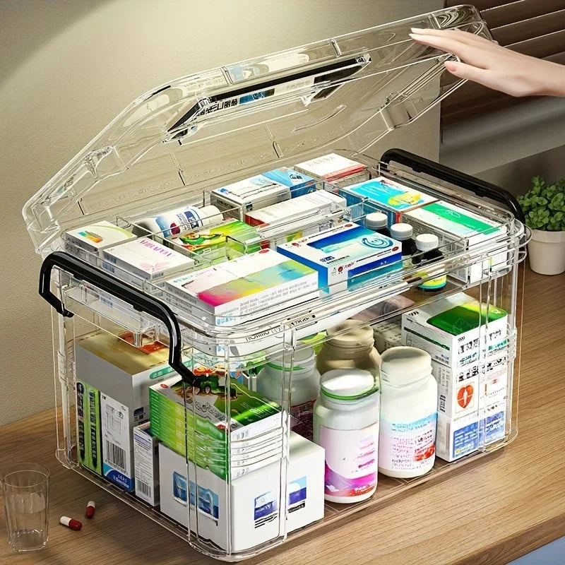 Large Capacity Double-Layer Medicine Organizer Box – Waterproof Transparent Storage for Home & Travel