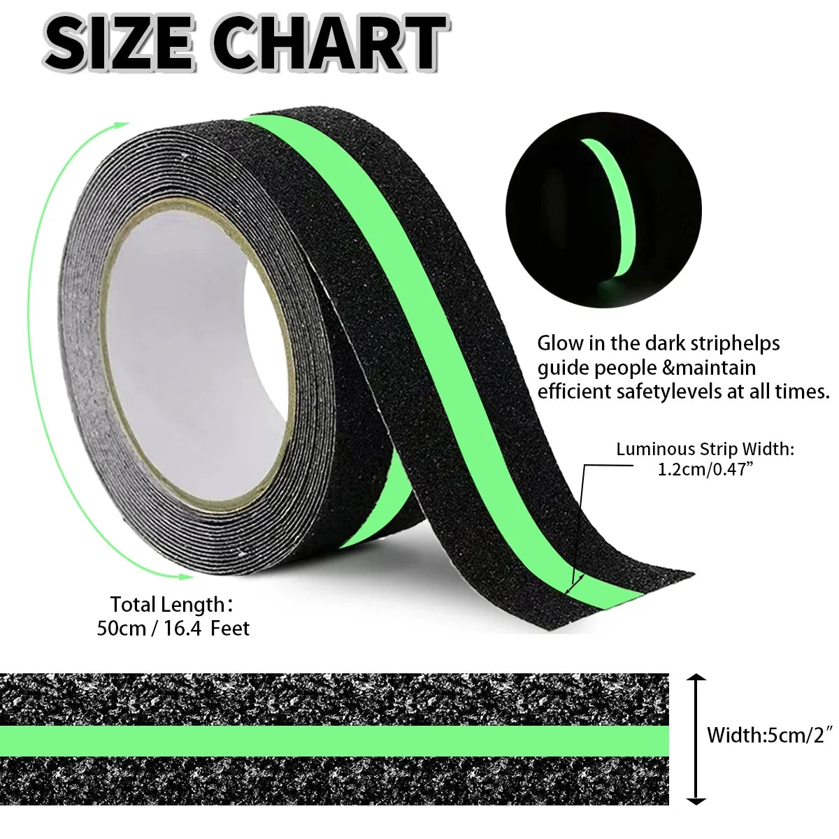 Glow in the Dark Anti-Slip Traction Tape Green Stripe Non-Skid Abrasive Adhesive Stair Safety Grip Tape for Indoor & Outdoor Steps