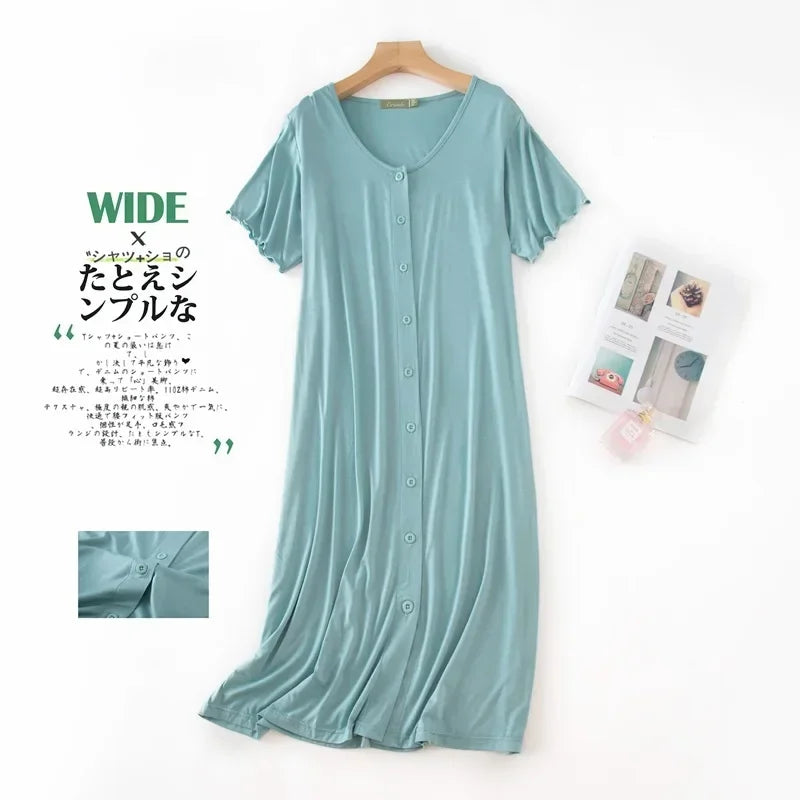 Women’s Modal Short-Sleeve Night Dress – Mid-Length Cotton Sleep Top with Buttons, Plus Size Pajamas