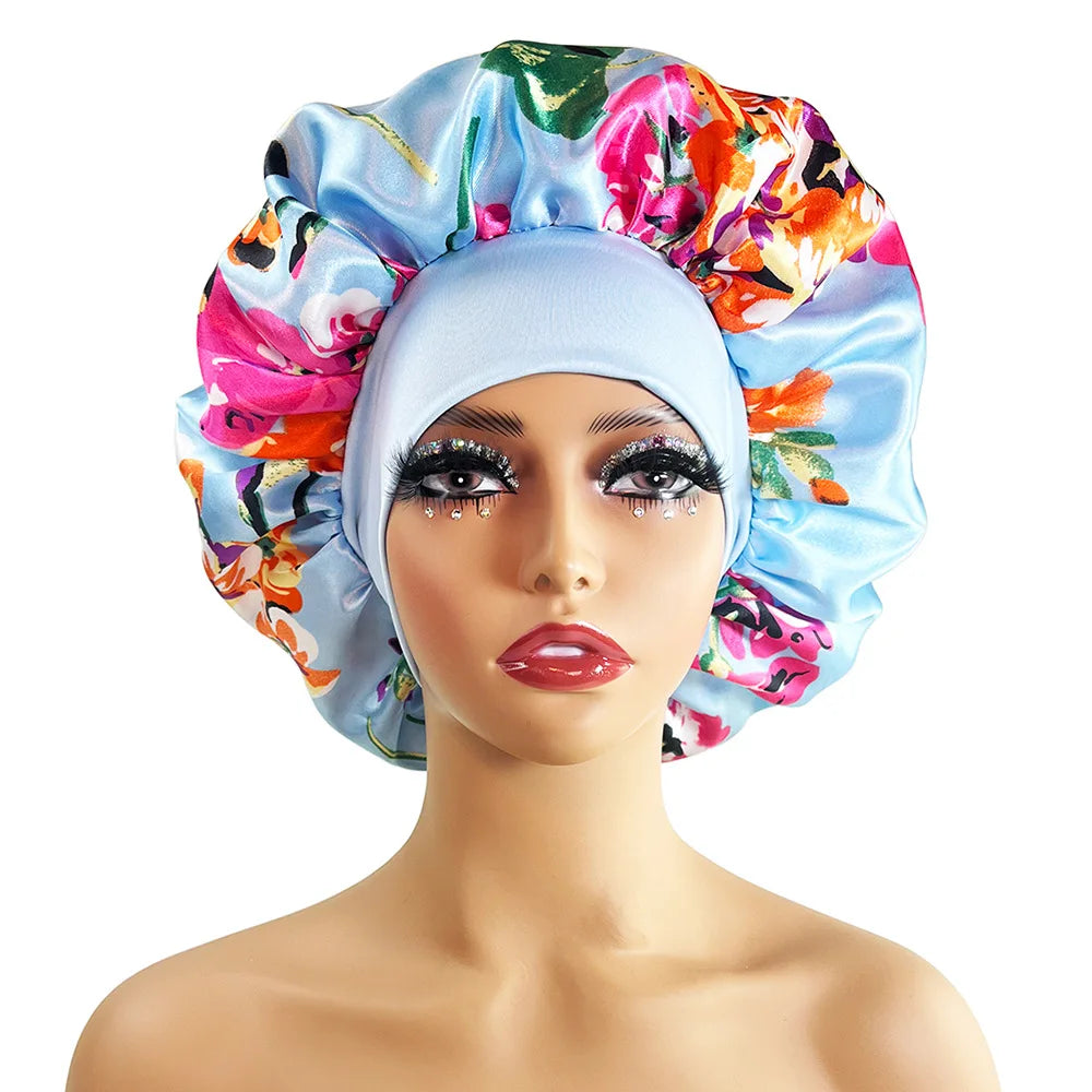 Large Satin Bonnet for Women - Flower Print Silk Sleep Cap with Elastic Band for Braids, Curly & High-Density Hair
