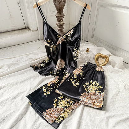 2pcs Women’s Summer Pajama Set – Printed Silk Suspenders Top & Long Pants Breathable Homewear