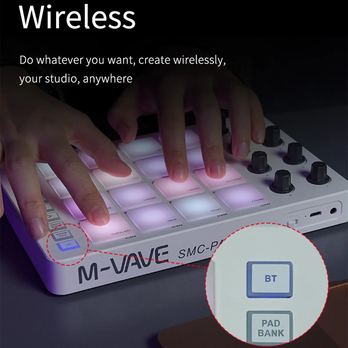 M-VAVE SMC-PAD Wireless MIDI Controller – Portable Percussion Keyboard with USB-C Interface, Compact MIDI Pad for Music Production