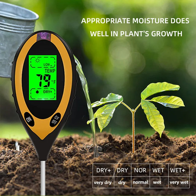 4 in 1 Soil Instrument - Illuminance, pH, Temperature & Humidity Test Detector with Digital Display and Backlight