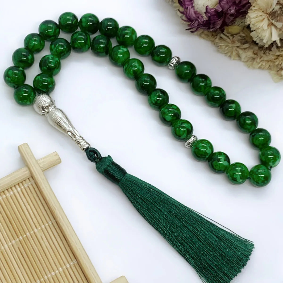 10mm Green Malachite Rosary Bracelet – 33 Beads Islamic Muslim Tasbih Prayer Beads with Tassel Pendant for Men & Women Spiritual Jewelry