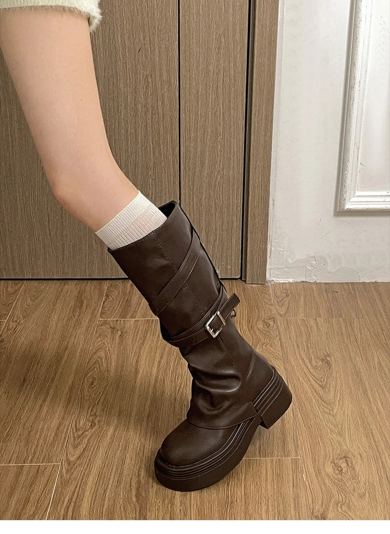 Vintage Thick Heel Women’s Knee-High Boots – Slip-On Fashion Booties for Autumn & Winter