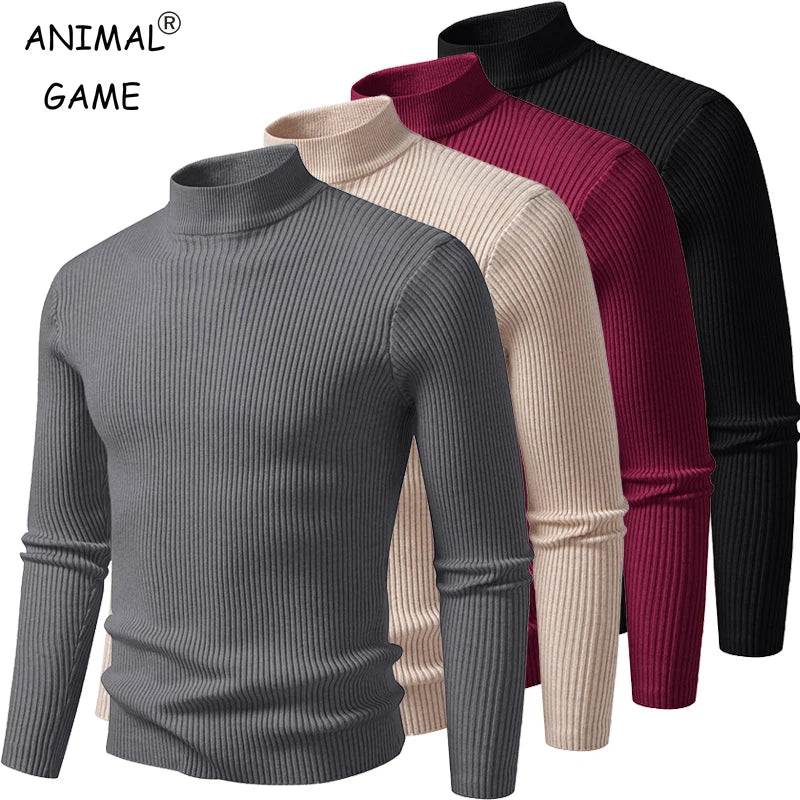 Men's Mock Neck Pullover Sweater - Striped High Neck Long Sleeve Winter Warm Casual Knitwear