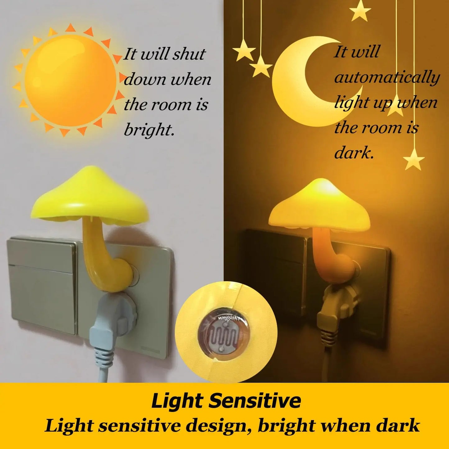 LED Mushroom Sensor Night Light – Warm White Dimmable Plug-In Wall Lamp for Bedroom, Kids Room Decor (US/EU Plug)