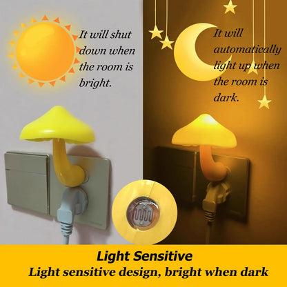 LED Mushroom Sensor Night Light – Warm White Dimmable Plug-In Wall Lamp for Bedroom, Kids Room Decor (US/EU Plug)