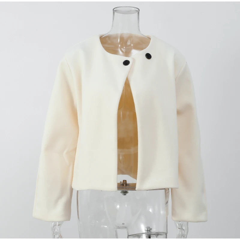 2024 Women's Elegant Solid Wool Blend Cardigan Coat – Round Neck, Single Button, Long Sleeve High Street Outwear