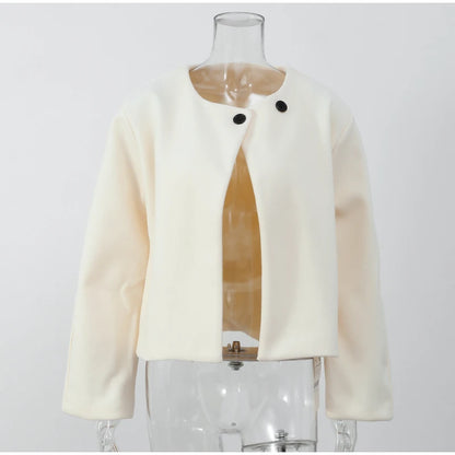 2024 Women's Elegant Solid Wool Blend Cardigan Coat – Round Neck, Single Button, Long Sleeve High Street Outwear