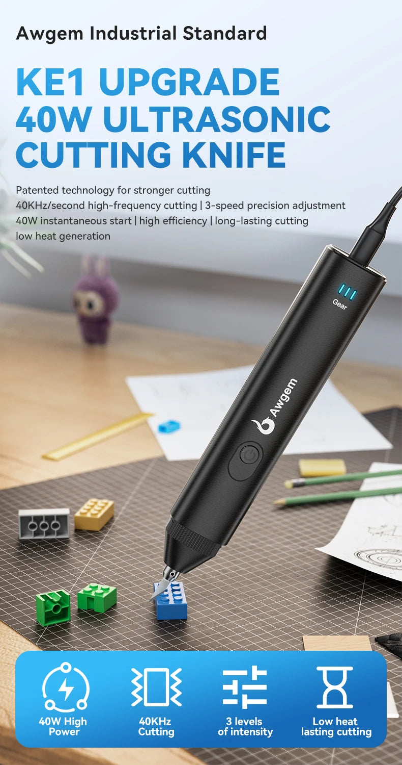 Awgem 40KHz Handheld Ultrasonic Cutter — DIY Electric Carving Tool for Plastic, Resin, 3D Printing & Textile Cutting