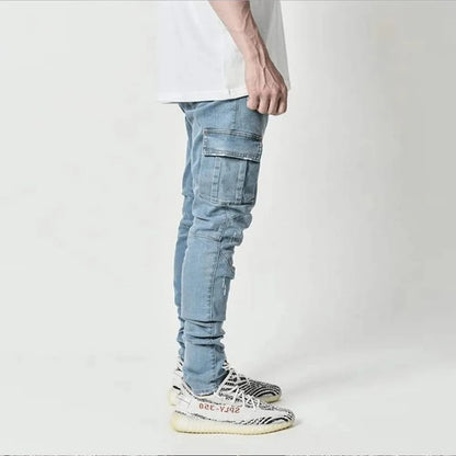 Men's Elastic Denim Cargo Pants - Casual Mid-Waist Jeans with Multi Pockets, Slim Fit Daily Wear Joggers in Solid Color