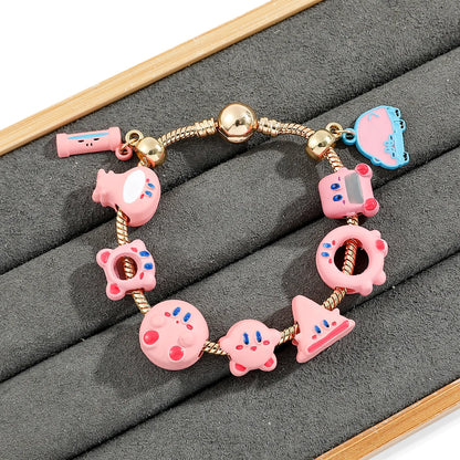 Pink Kirby Gold-Plated Charm Bangle Bracelet - Kawaii Anime Enamel Jewelry Accessory for Fans