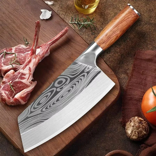 Stainless Steel Cleaver Kitchen Knife – Wooden Handle Utility Knife for Slicing Fish, Vegetables & Meat