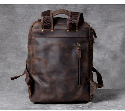 Vintage Crazy Horse Leather Backpack for Men — 17" Laptop Travel Rucksack Cowhide Hiking Bag M815
