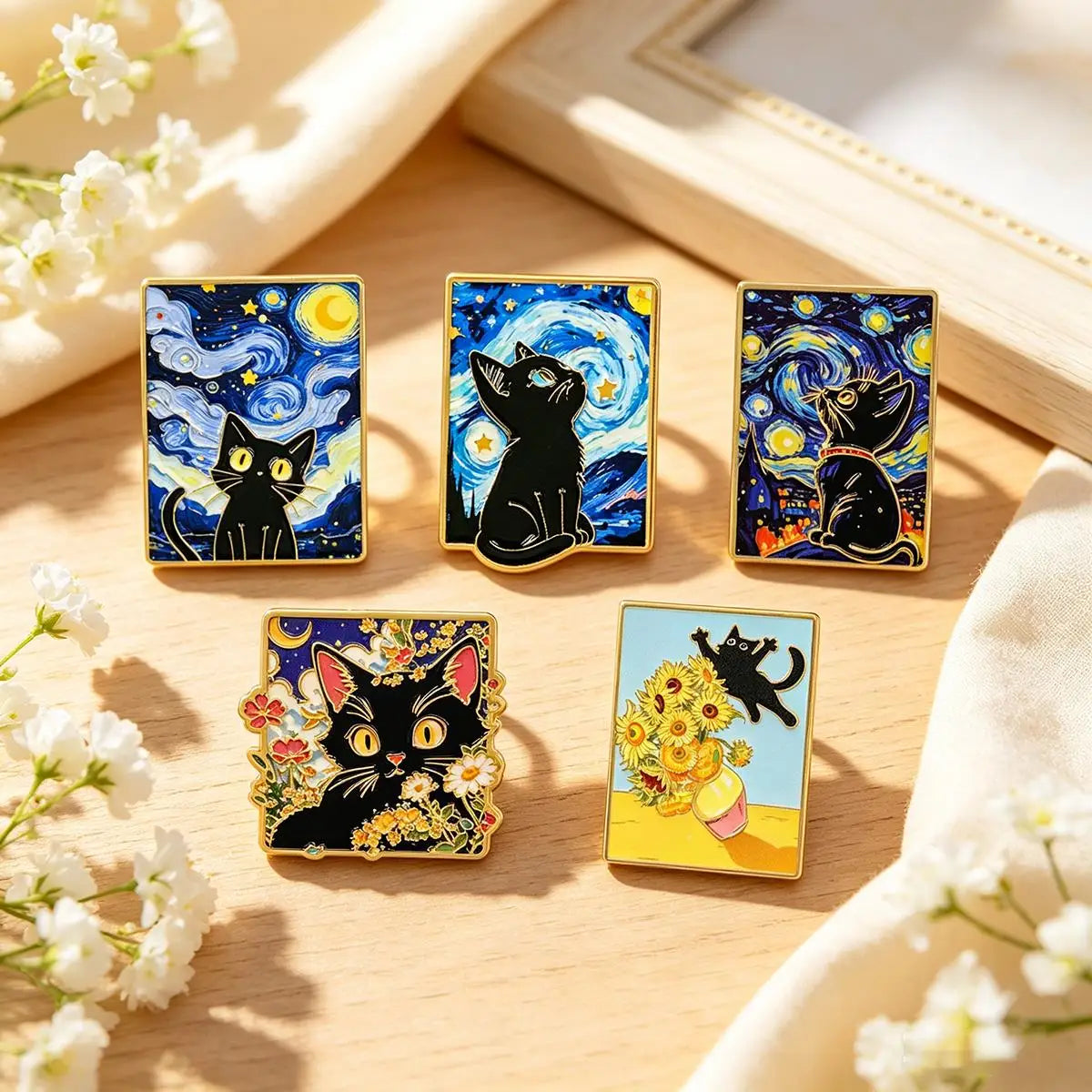 5-Piece Van Gogh Art Black Cat Enamel Pin Set - Cartoon Metal Brooches for Backpacks, Clothing, and Art Lovers’ Gifts