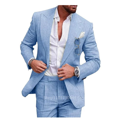 Men’s Linen Wedding Suit — Light Blue/Beige Casual Slim Fit Blazer & Pants, High-Quality Summer Two-Piece Set