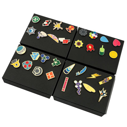 Pokemon Gym Badges Pin Set — Kanto, Johto, Hoenn, Sinnoh, Unova, Kalos & Orange Islands League Brooches with Box, Pocket Monster Collection